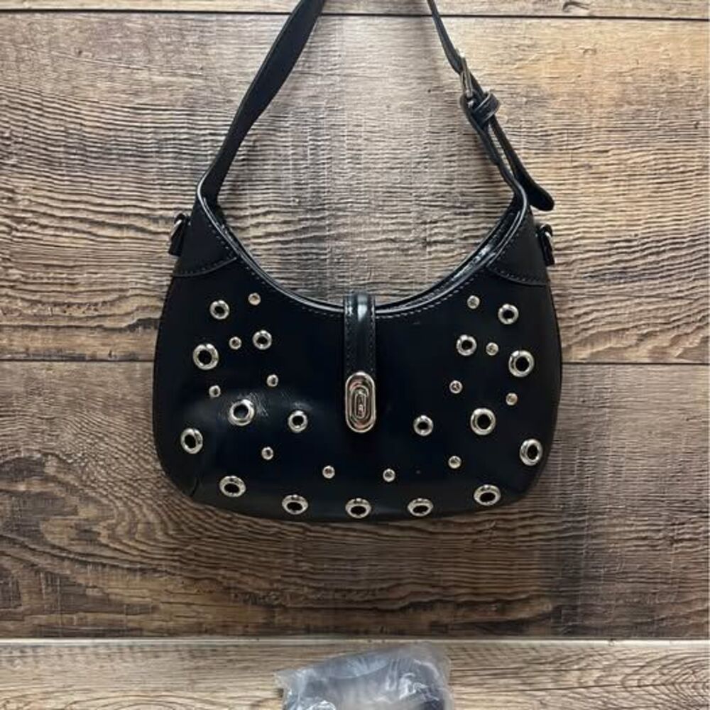Edgy Y2K Black Half-Moon Grommet Shoulder Bag